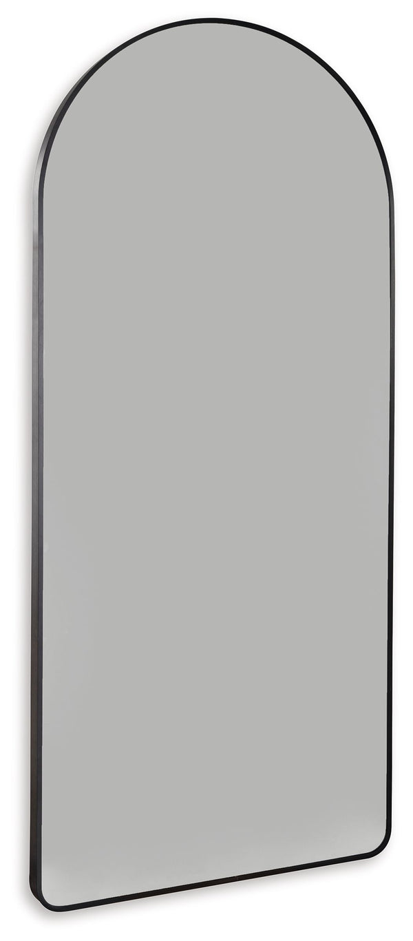Beauty reflects in contemporary style with this floor mirror. Its black-finished metal creates a lovely curved frame. Standing almost six feet high, this mirror makes a case for statement style.<br/><br/><b>Product Features</b><ul><li>Metal frame with bla