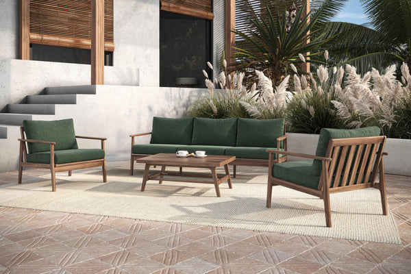The Ashton 4-Piece Patio Set in Moss Green, featuring a spacious sofa, two club chairs, and a matching coffee table, offers the perfect combination of durability, comfort, and timeless design for any outdoor setting. Expertly crafted from FSC-Certified Ac