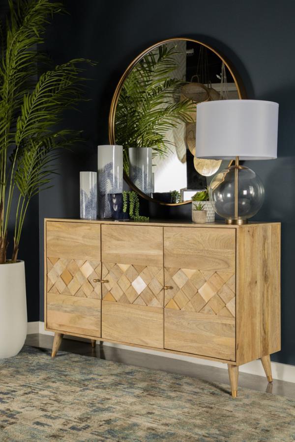 Make a statement with this three-door accent cabinet, blending mid-century modern aesthetics with natural charm. Crafted from solid mango wood, the checkered woodgrain pattern across the doors creates a striking visual texture. The spacious interior with 