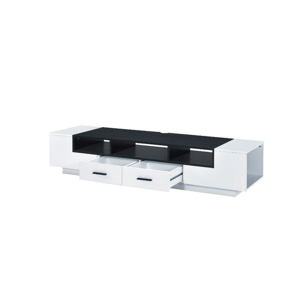  this piece offers open compartments and drawers for storage and displaying. Cord management is included to provide functionality while the wooden