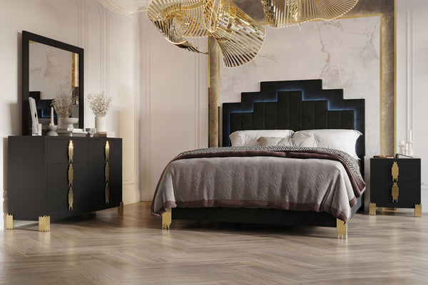 Discover the Empire 4-piece Bedroom Set, comprising a bed, dresser, mirror, and nightstand, designed to enhance your bedroom with lasting quality and modern elegance. Crafted from eco-friendly materials and adorned with a sleek black finish, this set exud