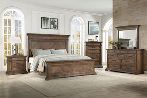  a testament to craftsmanship and timeless design. This collection is anchored by a robust panel bed and complemented by a nine-drawer dresser