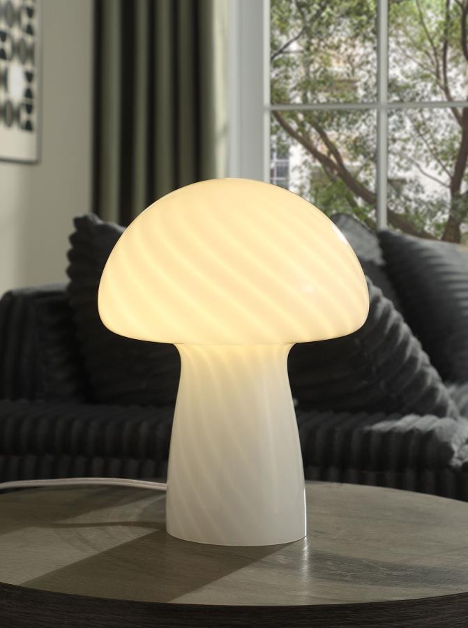 This table lamp is crafted entirely from smooth, high-quality glass, showcasing a charming mushroom-shaped silhouette. Its glossy finish enhances the lamp-'s minimalist design, while the curved structure evenly diffuses light for a warm and inviting glow.