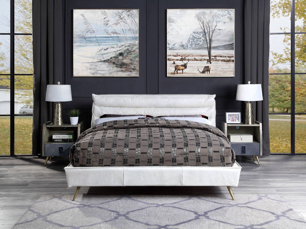 Masculine yet soft, the Doris bedroom collection is edgy and inviting all in one. The leather upholstered bed can fit with an industrial, vintage, or modern bedroom easily. The headboard features horizontal channel tufting to adds some support while leani