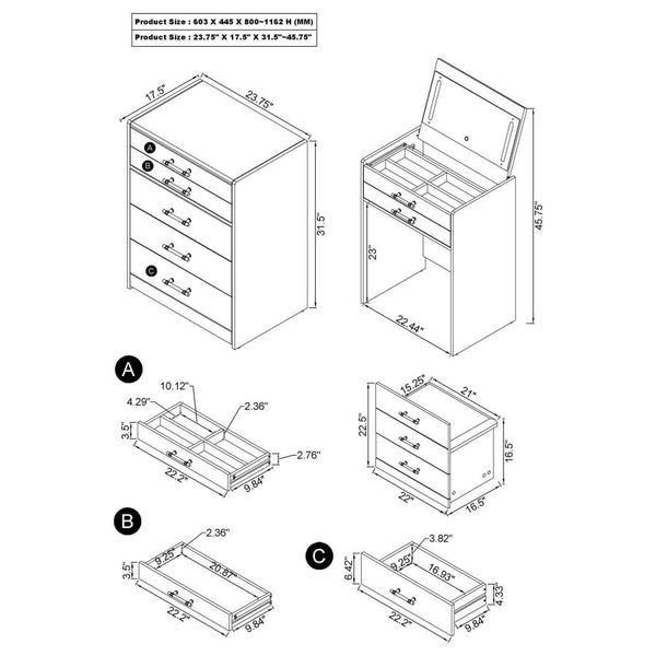 Danbury 3-Drawer Makeup Vanity Set