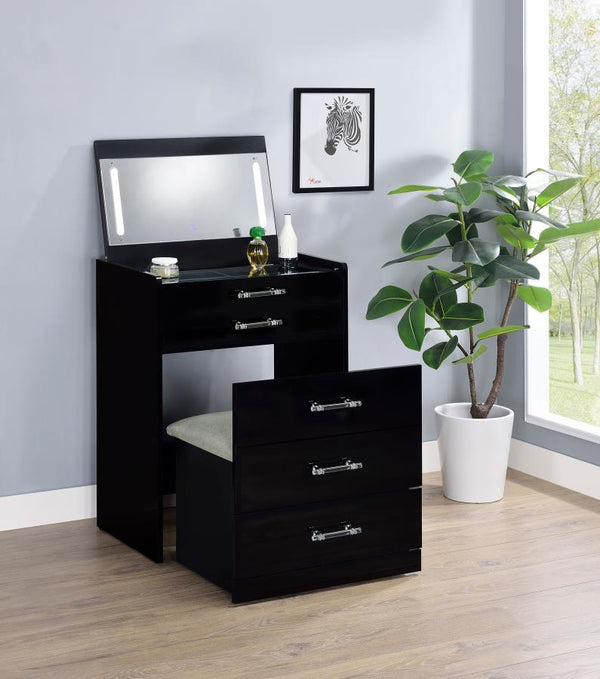 Danbury - Juego de Tocador con Taburete y 3 Cajones - Negro Brillante