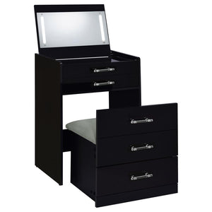 Danbury - Juego de Tocador con Taburete y 3 Cajones - Negro Brillante