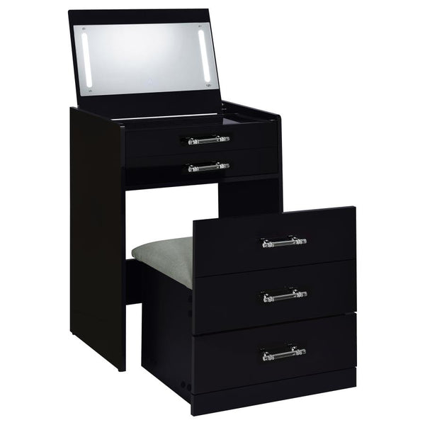 Danbury - Juego de Tocador con Taburete y 3 Cajones - Negro Brillante