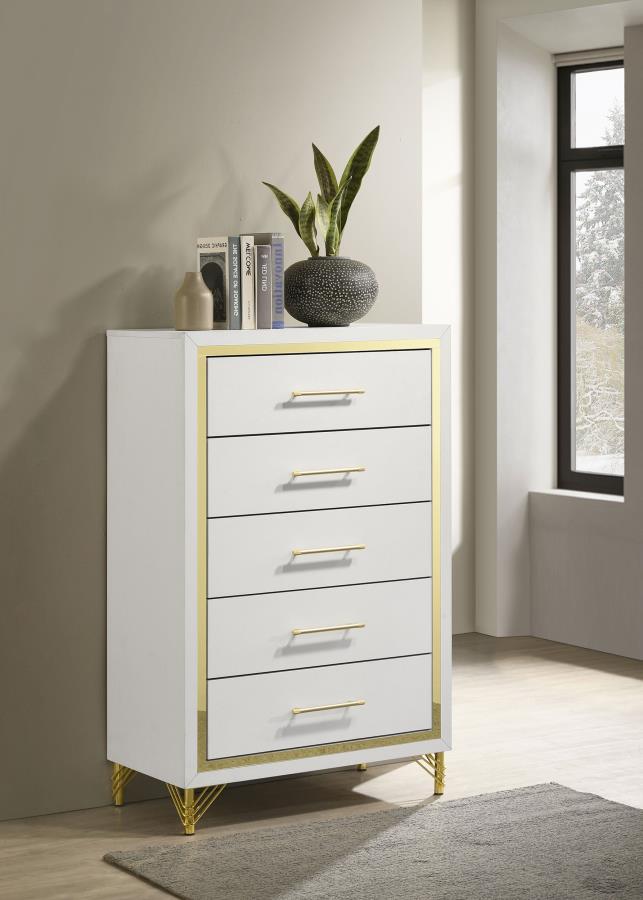 Inspired vintage touches create a refined sensibility for a modern five-drawer chest. Its tall, compact profile is ideal for a dressing area, offering plenty of storage with five roomy drawers that host everything from clothing and accessories to linens a