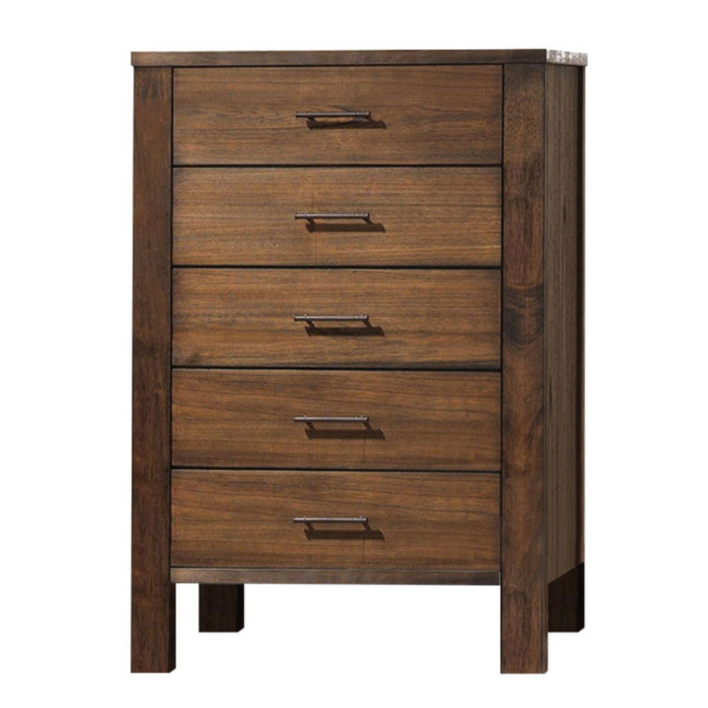 The Merrilee chest features 5 drawers with oak finish. All drawers have English dovetail and antique brass metal hardware, offers you plentiful storage with spacious drawers.<br/><br/><b>Product Features</b><ul><li>Wooden Frame & Straight Leg</li><li>Case