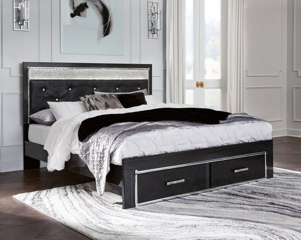 Rest easy. The luxurious look youâ€™ve been dreaming of is yours for the taking, at a price sure to put you at ease. This king upholstered panel bed with storage brings a sense of old Hollywood with a contemporary flair. A deep, dark finish, faceted chrom