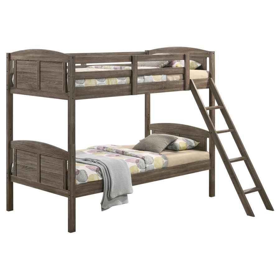 A casual country vibe carries the space with this rustic bunk bed, perfect for compact bedrooms and shared sibling spaces. A weathered brown finish lends a neutral hue to transform a space into a serene, restful retreat. Along the top bunk are safety guar