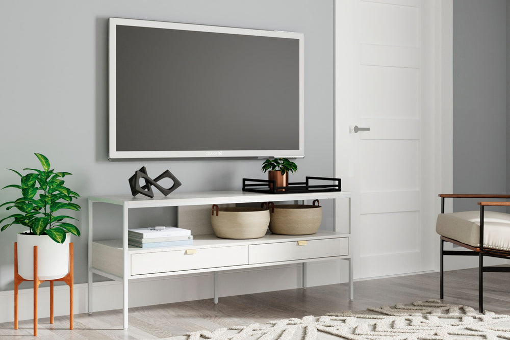 Bring your vision of a modern living room to life with this sleekly designed TV stand. Its linear construction and white finish keep things minimal. An open shelf and two drawers allow you to store in simply streamlined style, rounding out this versatile,