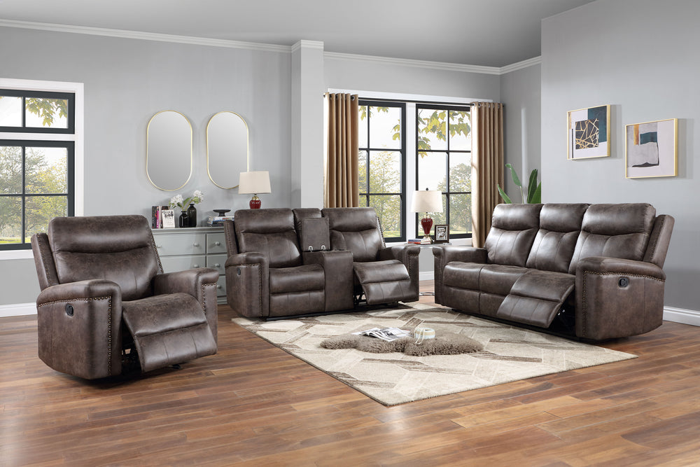 The Quade Motion Upholstery 3-Piece Set, including a reclining sofa, console loveseat, and glider recliner, offers a perfect blend of durability, comfort, and style. Built on strong frames made from premium hardwood, plywood, and engineered wood, this set