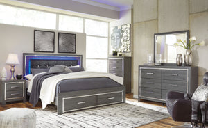 Lodanna - 8 Piezas - Cómoda, Espejo, Chifonier, Cama King con Panel y 2 Cajones de Almacenamiento, 2 Mesitas de Noche - Gris