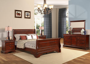The Versailles 5-Piece Bedroom Set in Bordeaux Cherry is a perfect blend of classic elegance and practical design, creating a timeless sanctuary in your home. This set includes a beautifully crafted wood sleigh bed, dresser, mirror, and two matching night