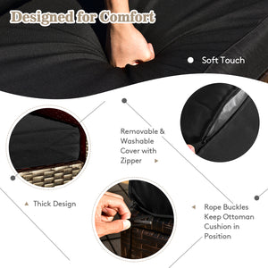 Package Including 1 Fire Pit Table  1 Bag of Lava Rock  1 AAA Battery  1 Fire Pit PVC Cover  1 Coffee Table  1 Storage Box  1 Sofa Set Waterproof Cover  2 Ottomans  2 Corner Sofas  2 Armless Sofas  2 Ottomanâ€™s Cushions  4 Back Cushions  4 Seat Cushions 