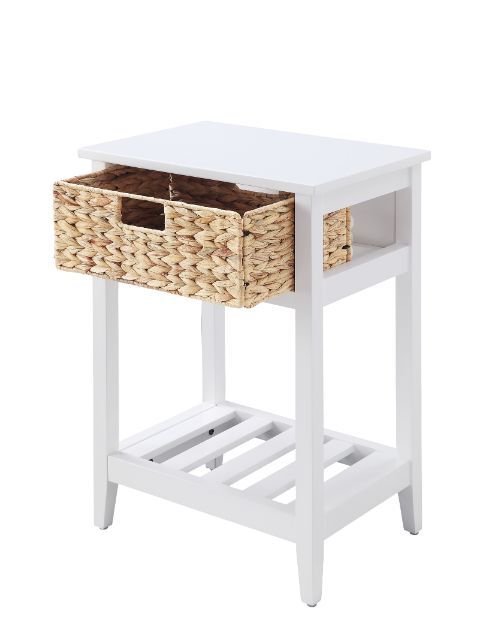Refreshing, relaxing and calmm, the Chinu Accent Table will coordinate your seating arrangement in coastal breezy style. It-'s wooden frame with a slatted shelf design embodies a relaxed simplicity. A woven basket gives it a natural surface texture that f
