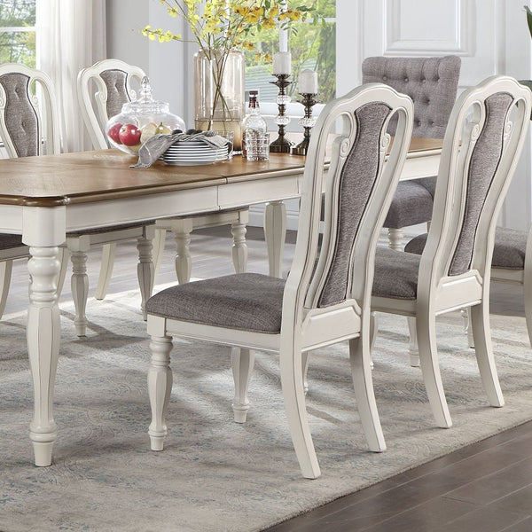 Rectangular Legs Table TwoTone Dining: Oak Top & Antique White Base Extension Top: 2 Removable Leaves (18-") Wooden Top & Apron Padded Seat & Back Cushion: Gray Fabric Wooden Turned Legs(Front) Server with 2 Drawers & 2 Doors Table Available in Two Sizes