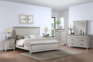 The Silver Sands 6 Piece Wood Bedroom Set in Gray is designed to combine durability, style, and functionality, making it a perfect addition to any bedroom. This set includes a an upholstered panel bed, a dresser, a mirror, two nightstands, and a chest, pr
