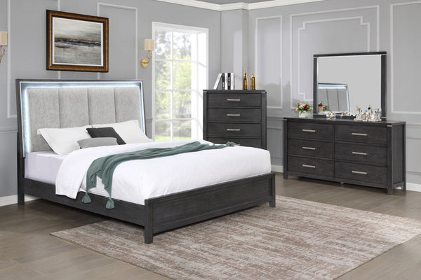 Transform your bedroom into a sanctuary of sophistication with the Odessa 4-Piece Bedroom Set in Charcoal Gray. This comprehensive set includes a lighted bed, 6-drawer dresser, mirror, and 5-drawer chest. Crafted from durable Pine solid wood and Mindy ven