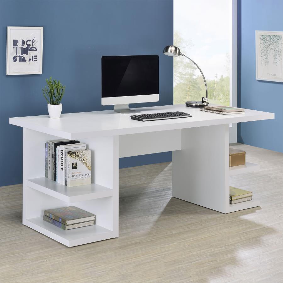 Enhance your workspace with this modern writing desk, featuring a sleek white finish and a spacious design for maximum functionality. The clean-lined silhouette offers a contemporary touch, while four open shelves provide ample storage for books, office s