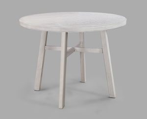  designed for both casual meals and lively gatherings. The round tabletop features a charming weathered finish