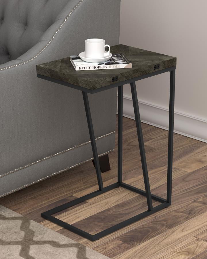 This versatile C-table combines functionality and sleek design, perfect for modern living spaces. Crafted with an engineered wood top featuring a scratch-resistant rustic grey laminate veneer, it offers durability and style. The top folds out, providing e