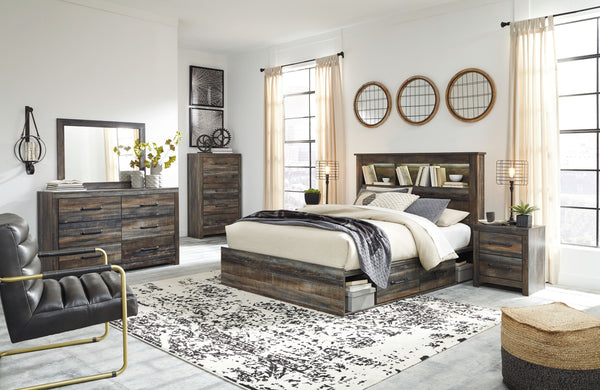 When merged in just the right way, rustic and industrial styles can make one happy marriage. Case in point: this bookcase bedroom group with storage. A refined take on barn board beauty, its complex, replicated wood grain showcases hints of burnt orange a