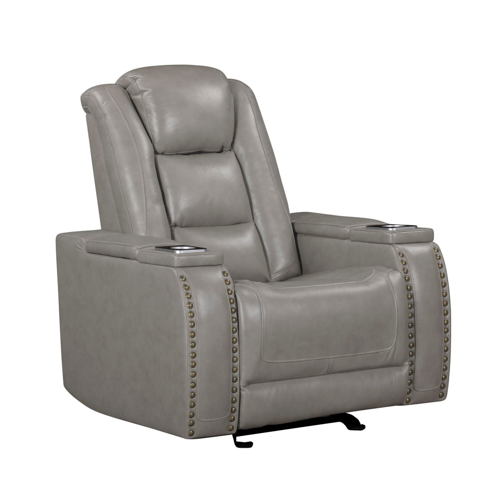 The Breckenridge Genuine Leather Power Glider Recliner with Adjustable Headrest in Gray offers a perfect blend of comfort, style, and practicality for any living space. This recliner is crafted with a combination of hardwood and manufactured woods, ensuri