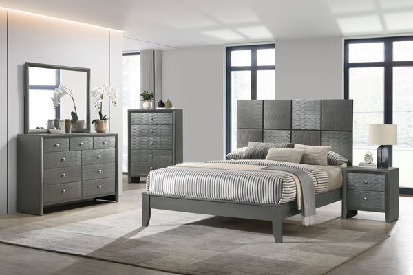 This bedroom collection is the embodiment of sleek, contemporary design, characterized by its rich gunmetal finish and distinctive textured front panels. The centerpiece, a chic bed with a statement headboard, features geometric paneling that adds depth a