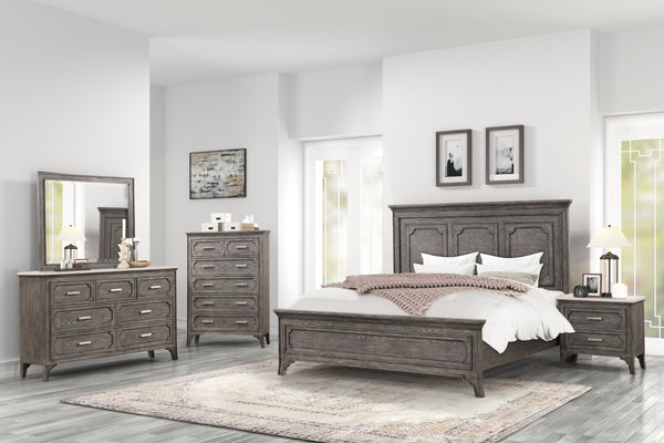 Elevate your bedroom with the timeless elegance of the Lisbon 5 Piece Bedroom Set in Gray. Crafted from Acacia solid wood and eco-friendly embossed oak laminate, this set ensures enduring strength and durability. Its multi-step gray finish enhances the na