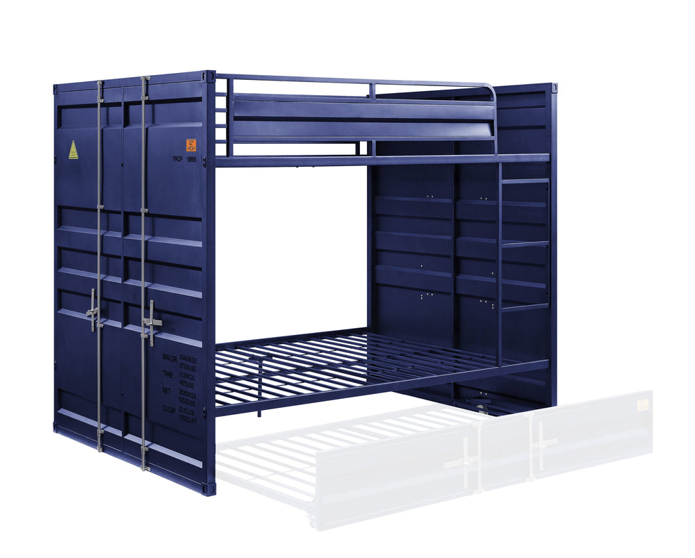 The Cargo bunk bed and trundle is the perfect addition to any childâ€™s room. This contemporary container themed metal bunk bed is crafted with an industrial look that is an ideal addition to your bedroom. The bed is accented with recessed panel design an