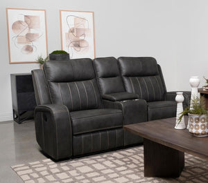  the motion loveseat creates a dreamy venue for relaxing and entertaining. Choose a pleasing motion loveseat covered in smooth grey leatherette upholstery with vertical topstit