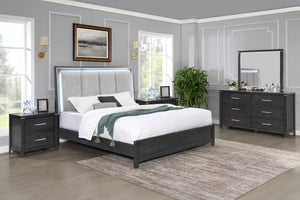 Experience the epitome of sophistication with the Odessa 5 Piece Bedroom Set. This ensemble includes a beautifully illuminated bed, a 6 drawer dresser, a mirror and two 2 drawer nightstands, all in a captivating charcoal gray finish. Crafted from robust P