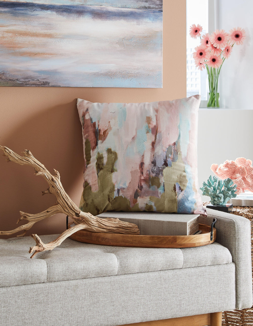 Bring a touch of contemporary artistic charm to your home. An abstract watercolor design on this accent pillow adds an ethereal element to your decor. Plus its handy zippered cover is machine washable, making the pillow a practical yet stylish addition wh