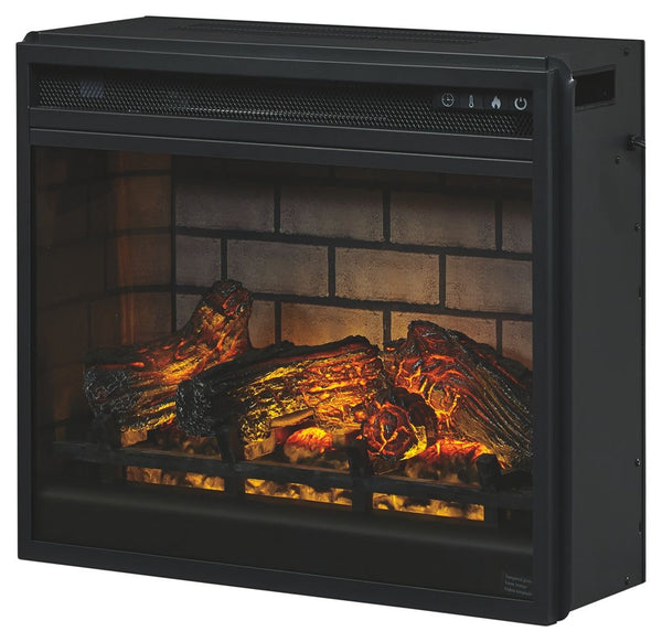 Dorrinson - White / Black / Gray - Corner TV Stand With Faux Firebrick Fireplace Insert