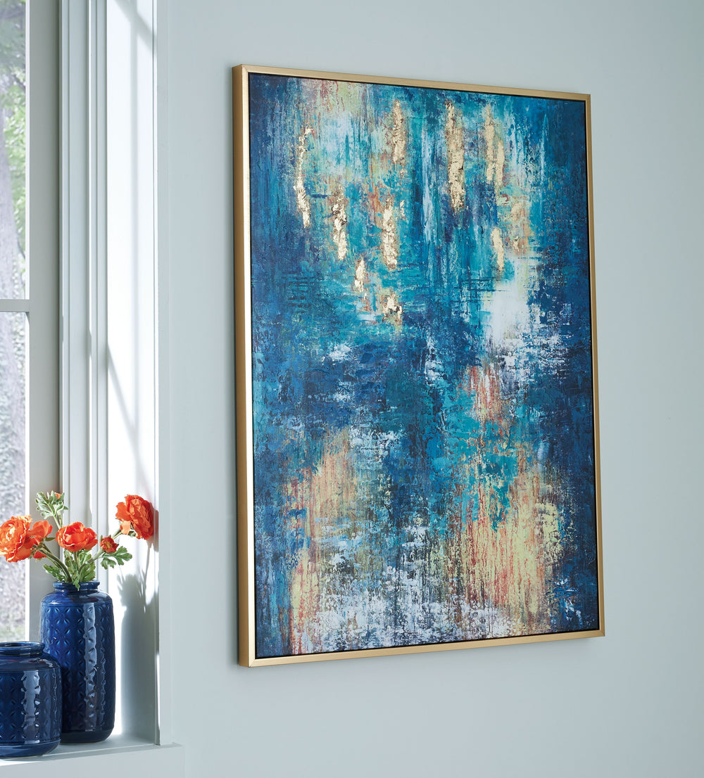 Curate a chic, contemporary vibe with the abstract design of this wall art. Its cool tones blend expertly with shades of rust and gold for added depth and dimension. A goldtone leaf embellishment lends a dash of glam character.<br/><br/><b>Product Feature