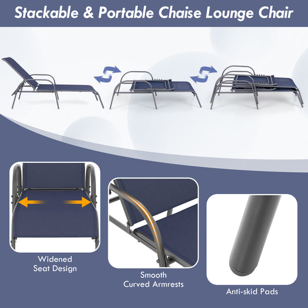 Don't leave the lounge chairs outside in rainy days for prolonging its' using life Made of Sun-proof and breathable fabric for long-lasting use  Powder-coated steel frame provides sturdy support Thick legs and anti-slip pads provide extra stability 5 adju