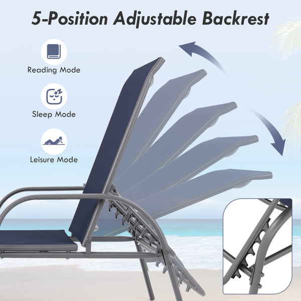 Don't leave the lounge chairs outside in rainy days for prolonging its' using life Made of Sun-proof and breathable fabric for long-lasting use  Powder-coated steel frame provides sturdy support Thick legs and anti-slip pads provide extra stability 5 adju
