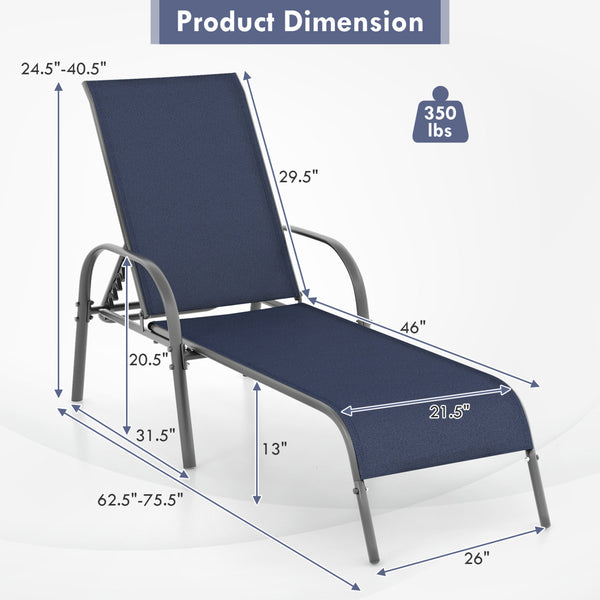 Don't leave the lounge chairs outside in rainy days for prolonging its' using life Made of Sun-proof and breathable fabric for long-lasting use  Powder-coated steel frame provides sturdy support Thick legs and anti-slip pads provide extra stability 5 adju
