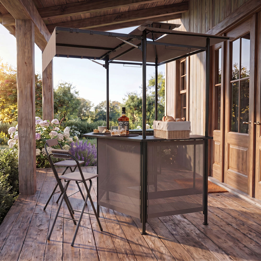 Heat-resistant tabletop provides a safe prep surface near the grill 4 slatted metal shelves for organizing tools  seasonings  and food items 6 side hanging hooks keep utensils and towels within easy reach 2-row top glass holders safely store drinks and gl