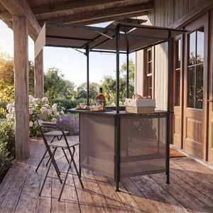 Heat-resistant tabletop provides a safe prep surface near the grill 4 slatted metal shelves for organizing tools  seasonings  and food items 6 side hanging hooks keep utensils and towels within easy reach 2-row top glass holders safely store drinks and gl
