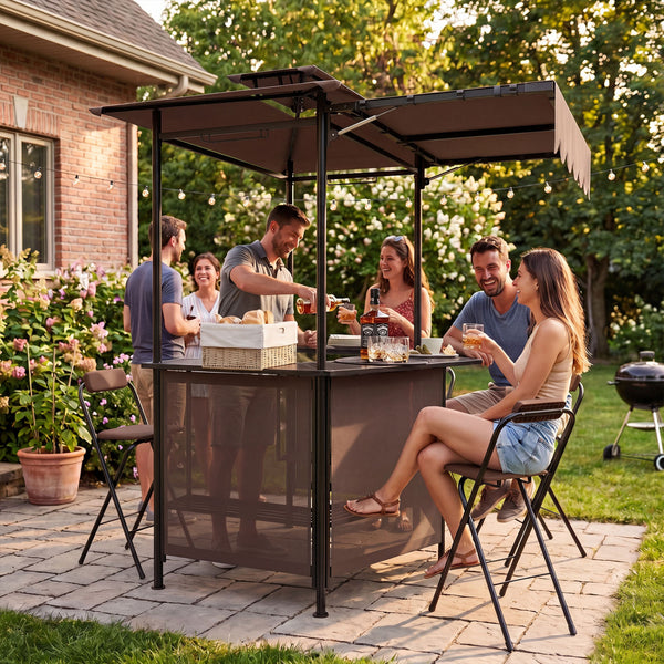 Heat-resistant tabletop provides a safe prep surface near the grill 4 slatted metal shelves for organizing tools  seasonings  and food items 6 side hanging hooks keep utensils and towels within easy reach 2-row top glass holders safely store drinks and gl