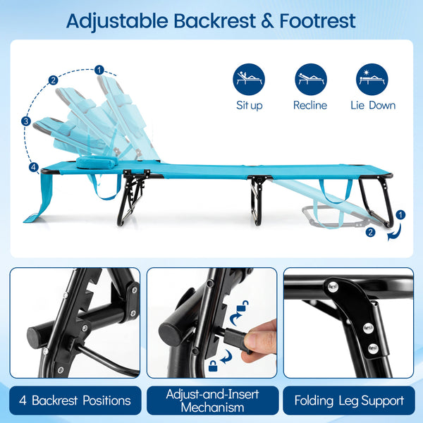 4-position adjustable backrest allows you to sit up  recline  and lay down<br>Safe locking device for firm backrest fixation<br>Powder-coated metal frame with U-shaped legs for extra sturdiness<br>Made of 500D Oxford fabric  wear-resistant and breathable<