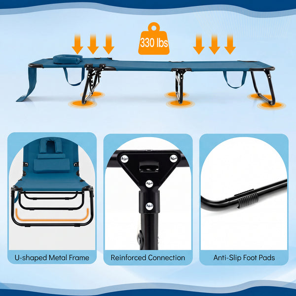 4-position adjustable backrest allows you to sit up  recline  and lay down<br>Safe locking device for firm backrest fixation<br>Powder-coated metal frame with U-shaped legs for extra sturdiness<br>Made of 500D Oxford fabric  wear-resistant and breathable<