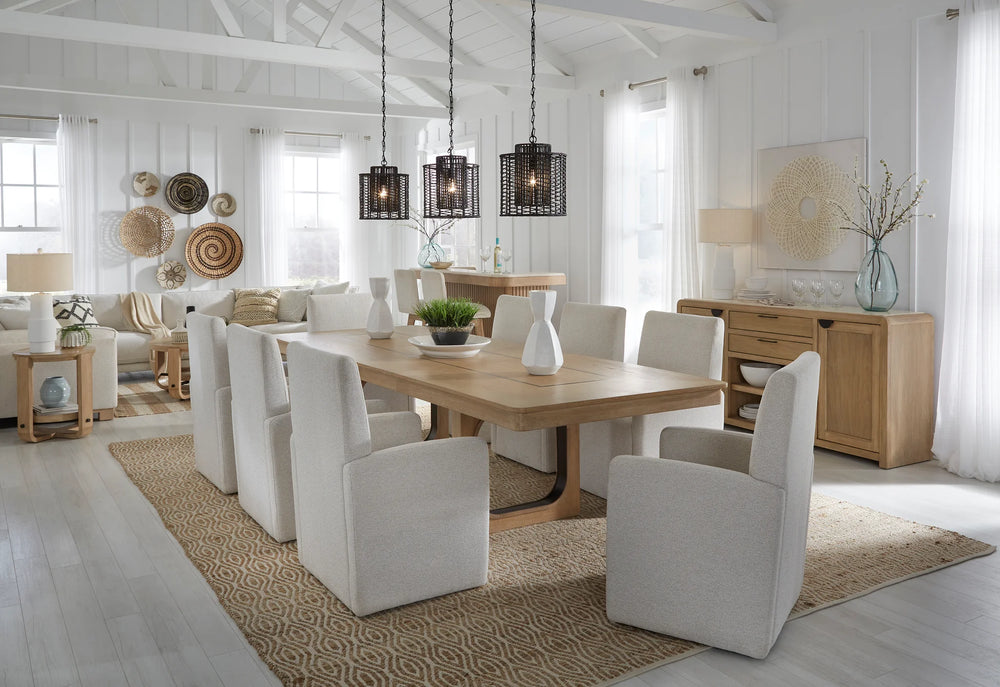 Escape - Mesa de Comedor Rectangular con 8 Sillas con Ruedas - Roble Natural Glaseado / Ribete de Metal Negro