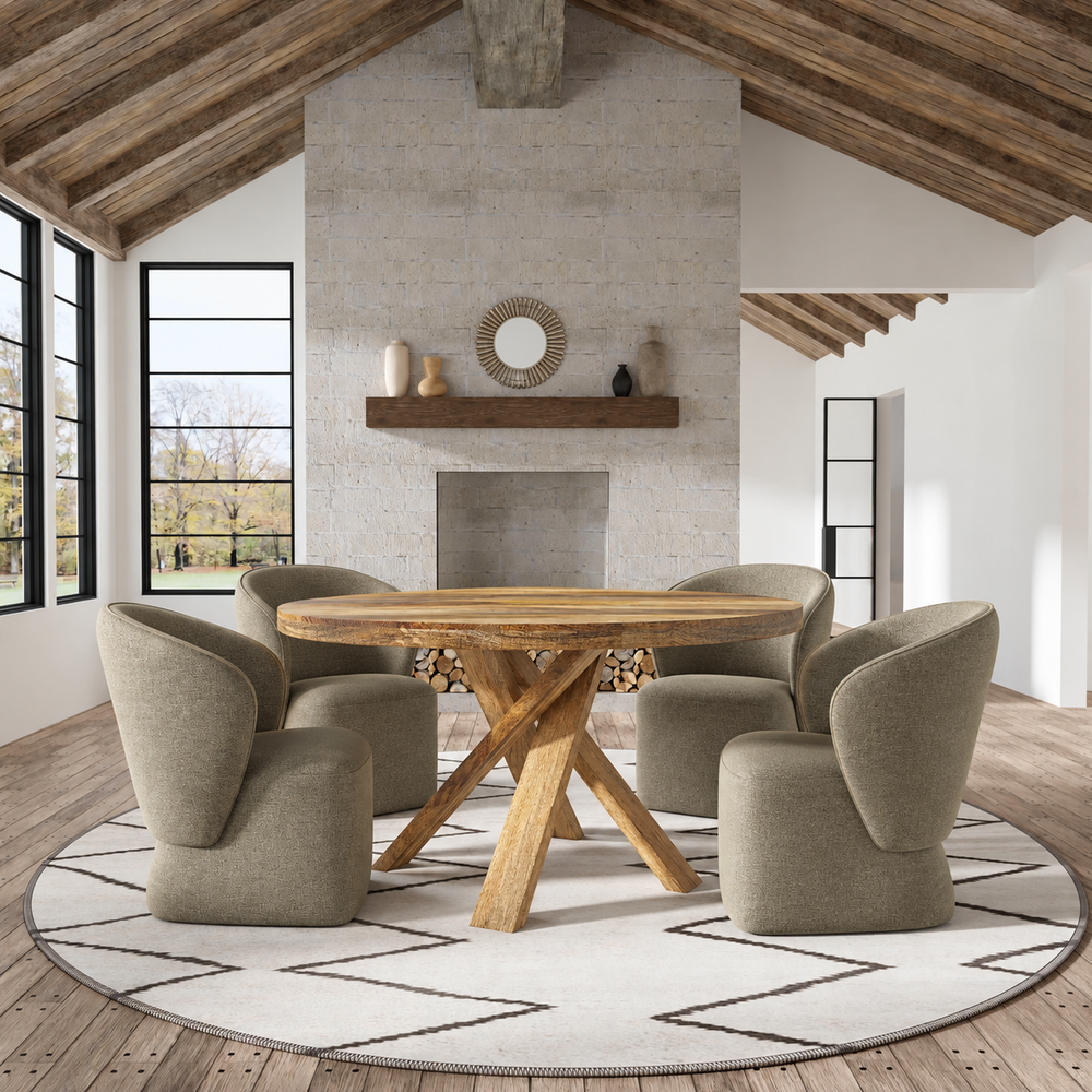 Bring a touch of global-inspired elegance to your dining room with the 60 Inch Round Dining Table. This handcrafted table is made from solid mango, giving it a unique aesthetic with natural variations of color, wood grain, and knots. The round table is pa