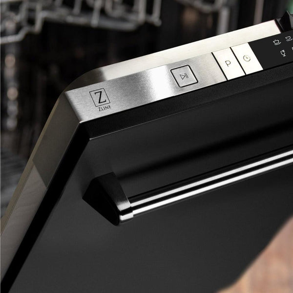 ZLINE 24 in. Black Matte Top Control Built-In Dishwasher with Stainless Steel Tub and Traditional Style Handle, 52dBa
