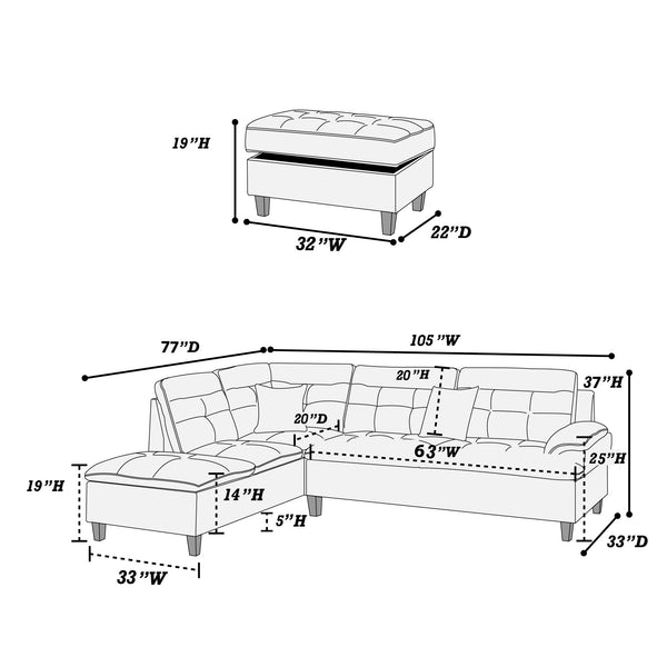 Grid F6588 3-Piece Sectional Set W/ Ottoman
